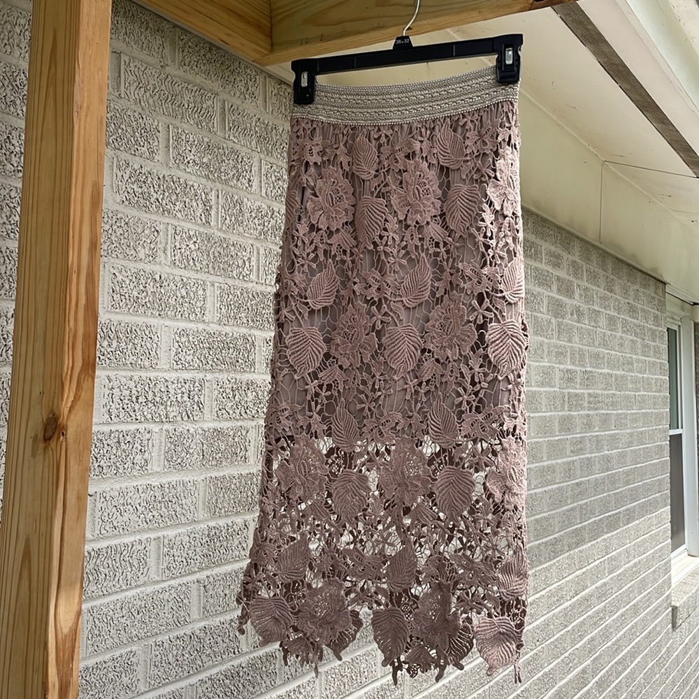 Taupe lace skirt mini midi handmade in New Zealand XS stretch waist pencil slim